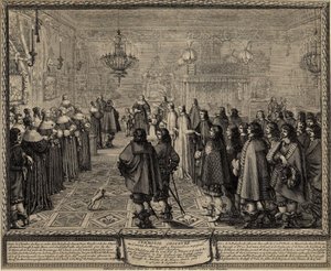 Ceremonie van het huwelijkscontract tussen Wladyslaw IV, koning van Polen en Marie Louise Gonzaga door Abraham Bosse
