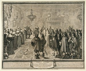 Ceremonie van het huwelijkscontract van Władysław IV en Marie Louise Gonzaga in Fontainebleau.