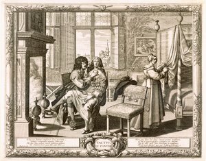 Echtgenoot met vrouw op schoot bij de open haard, Bosse, Abraham (1602-76) door Abraham Bosse