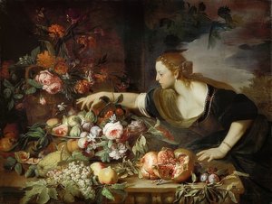 Vrouw met bloemen en fruit. 1669
