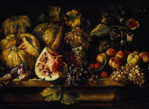 Stilleven van watermeloen, druiven, pruimen, perziken, kersen en ander fruit op een richel door Abraham Brueghel