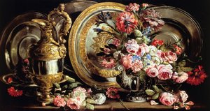 Stilleven met zilver en bloemen door Abraham Brueghel