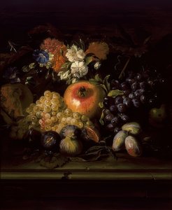 Stilleven met bloemen en fruit