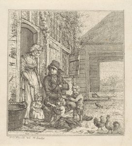 Man en vrouw met kinderen bij een deuropening door Abraham Bruinings Worrel
