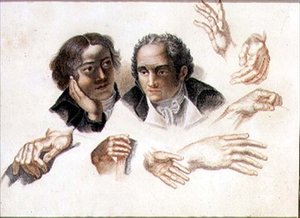 Studies van twee herenhoofden en handen door Abraham Constantin