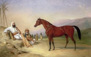 Twee Bedoeïenen met een Bruine Arabische Hengst in de Woestijn