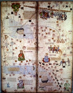 Kaart: Kaart van Cathay (Catai) oude naam van Mongools China in Centraal-Azië en Europa. Er zijn: Delhi (India), met de Aral Zee, de Wolga, de Kaspische Zee, de Kaukasus, de Eufraat, het Arabisch Schiereiland en de steden Dehli (India)