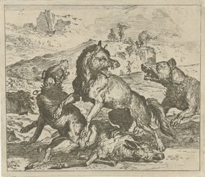 Wolf aangevallen door honden door Abraham Danielsz. Hondius