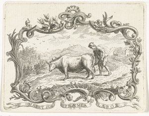 Boer die een akker ploegt met twee ossen, in cartouche door Abraham Delfos