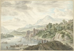 Heuvellandschap met een kasteel aan een rivier door Abraham Delfos