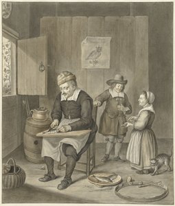 Interieur met man die vissen schoon maakt en twee kinderen