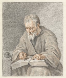 Oude man, schrijvend in boek door Abraham Delfos