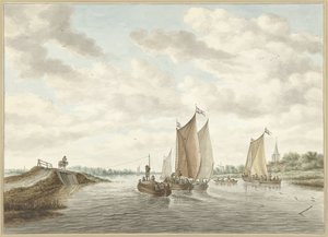 Rivierlandschap met verschillende schuiten