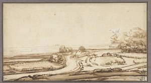 Glooiend landschap met weg en huis aan bosrand door Abraham Furnerius