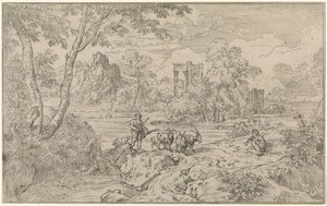 Arcadisch landschap met geitenhoeder door Abraham Genoels