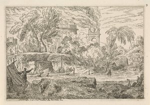 Arcadisch landschap met triomfboog