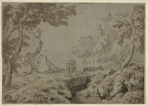 Landschap met sater, geiten en andere figuren door Abraham Genoels II