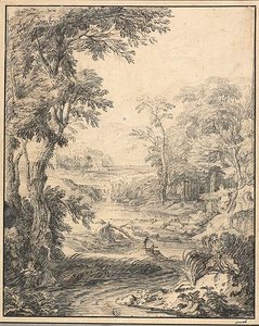 Rivierlandschap met twee figuren op de voorgrond, kasteel in de verte
