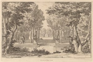 De Twee Standbeelden door Abraham Genoels II after Adam Frans van der Meulen