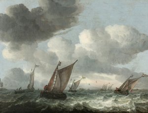 Vissersboten voor de kust in een woelige zee