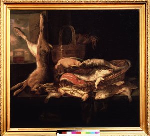 Stilleven met vissen en een dode haas