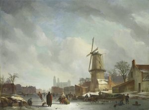 Pret op een bevroren kanaal in een stad