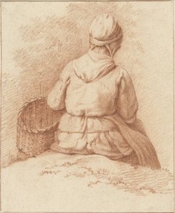 Zittende vissersvrouw met een mand aan de arm, op de rug gezien door Abraham Johannes Ruytenschildt