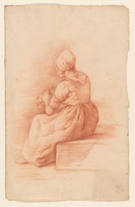 Zittende vrouw met muts, op de rug gezien door Abraham Johannes Ruytenschildt