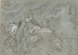 Groep van een zittende dame en een staande heer, kniestukken. Op de achtergrond een zwarte Afrikaan en een hond, rechts een balustrade