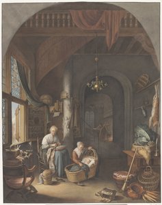 Interieur met moeder en kinderen