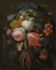 Een hangend boeket bloemen, waarschijnlijk 1665-1670 door Abraham Mignon