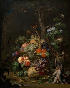 Stilleven met Fruit, Vis en een Nest door Abraham Mignon