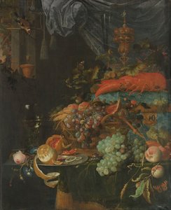 Stilleven met fruit en een distelvink door Abraham Mignon