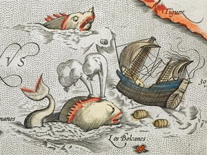 Zeemosters die een schip aanvallen (detail) door Abraham Ortelius
