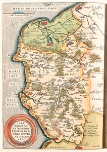 Caletensium et Bononiensium Ditionis Accurata Delineatio Geografische kaart van het Boulonnais-gebied (Comte de Boulogne), Artois en Frans-Vlaanderen (Frankrijk) inclusief de plaatsen Calais, Arches, Greuelinge, Etaples en Montreuil... uit 