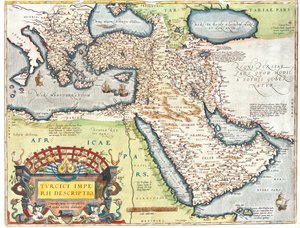Kroatië, Roemenië, Bosnië en Herzegovina, Servië, Bulgarije, Montenegro, Kosovo, Albanië, Macedonië, Griekenland, Turkije, Zuid-Rusland, Georgië, Azerbeidzjan, Armenië, Iran, Irak, Syrië, Libanon, Israël, Jordanië, Saoedi-Arabië, Koeweit, Qatar, Bahrein, V door Abraham Ortelius