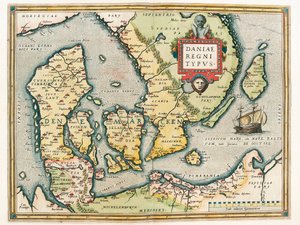 Daniae regni Typus Geografische kaart van het gebied van Denemarken en Zuid-Zweden uit 
