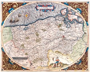 Frankrijk (Regio: Nord-Pas de Calais), België (Regio: Vlaams, Noord-Waals), Nederland (Provincie: Zeeland) door Abraham Ortelius