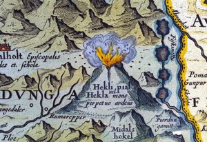 Hekla vulkaan in IJsland. Atlas van Abraham Ortelius, Amsterdam 1588 door Abraham Ortelius