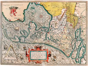 Hollandiae antiquorum catthorum sedis nova descriptio, auctore lacobo a daventria Geografische kaart van het gebied van Nederland met de steden Amsterdam en Haarlem... uit 