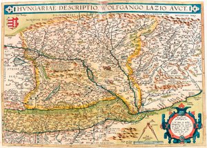 Hungarian Descriptio, Wolfgango Lazio Auct. Geografische kaart van het gebied van Hongarije uit 