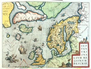 Ierland, Groot-Brittannië, IJsland, Noorwegen, Zweden, Finland, Groenland door Abraham Ortelius