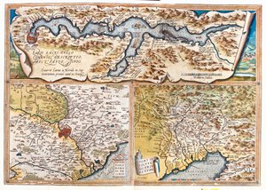 Comomeer (Italië; regio: Lombardije), Rome (Italië; regio: Lazio), Golf van Triëst (Italië: regio Friuli-Venezia Giulia; Slovenië: traditionele regio Sloveense kust; Kroatië: provincie Istrië) door Abraham Ortelius