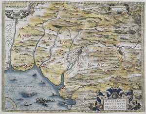 ORTELIUS, Abraham (1527-1598). Theatrum Orbis Terrarum. 1570. Het wordt beschouwd als de eerste moderne atlas. CHAVES, Jeronimo de (1523-1574). Wiskundige, astronoom en navigator. Kaart van West-Andalusië. Gebaseerd op de kaart van Hieronimus Chiaves (Jero door Abraham Ortelius