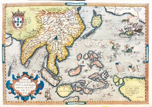 Pakistan, India, Sri Lanka, Nepal, Bhutan, Bangladesh, Zuid-China, Birma, Thailand, Laos, Vietnam, Cambodja, Maleisië, Brunei, Indonesië, de Filippijnen, Taiwan, Zuid-Japan. door Abraham Ortelius