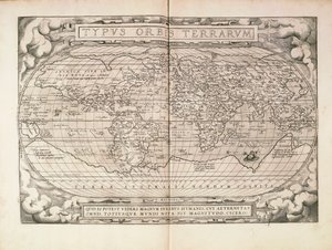 Planisfeer uit Theatrum Orbis Terrarum door Abraham Ortelius, gedrukt in Antwerpen
