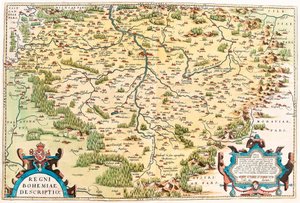 Regni Bohemiae Descriptio Geografische kaart van het gebied van Bohemen uit 