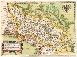 Silesia Typus Descriptio en Descriptus et editus Martino Heilwid Neilsense, en Nobili viro Nicolao Rhedinger dedicatus Anno 1561 Geografische kaart van het gebied ten zuiden van Frankfurt in Duitsland nabij Polen uit 