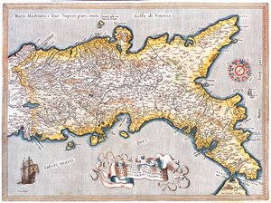 Zuid Lazio, Zuid Marche, Abruzzo, Molise, Campasnia, Apulië, Basilicata Calabrië, Italië door Abraham Ortelius