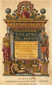 Theatrum orbis terrarum, titelpagina van Italiaanse editie vertaald door Filippo Pigafetta door Abraham Ortelius